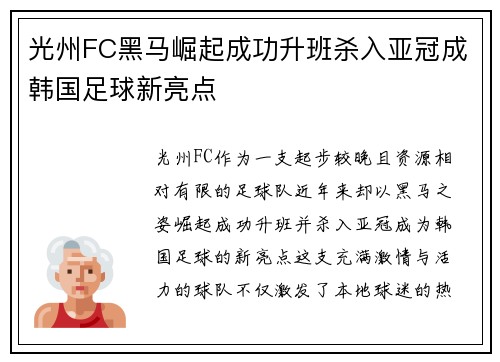 光州FC黑马崛起成功升班杀入亚冠成韩国足球新亮点