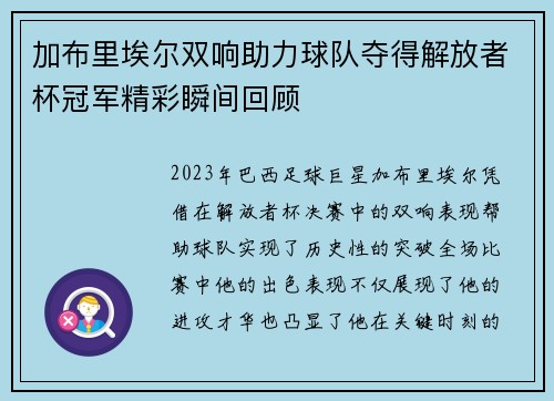 加布里埃尔双响助力球队夺得解放者杯冠军精彩瞬间回顾